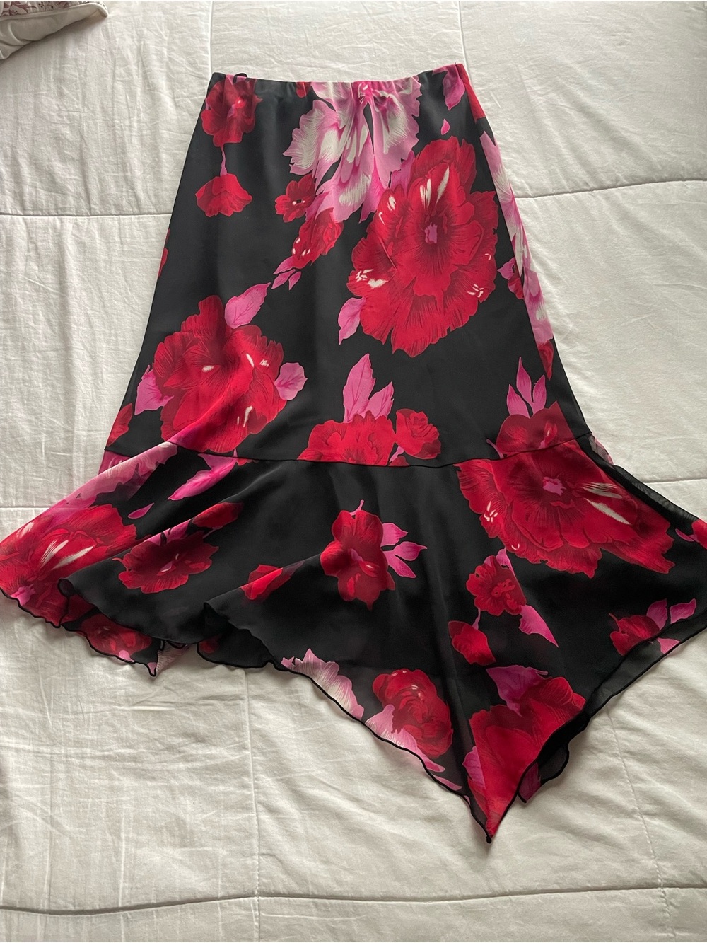 Vintage Black Red Floral Asymmetric Hem Pull On Midi Skirt Small Whimsigoth 90s